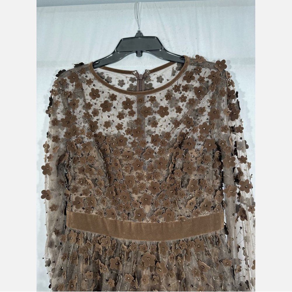 NWT Mac Duggal [ 10 ] Floral High Neck Long Sleeve Fit Flare Dress‎ Coffee Brown - Picture 4 of 15
